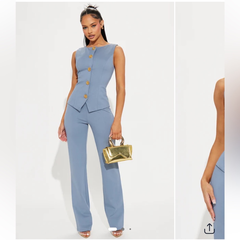 Fashion Nova Blue Jumpsuit with Gold Flower buttons